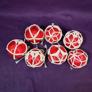 Vintage 7 Red Satin Christmas Balls w/ Hand Crocheted Coverings Ornaments 2 1/2